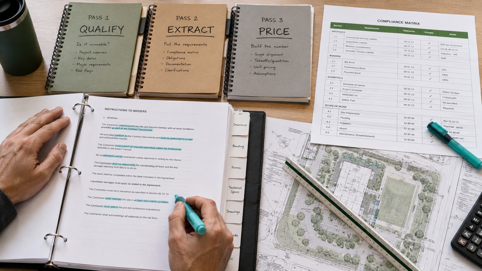 Three-pass RFP review: Qualify, Extract, and Price with a compliance matrix and site plans