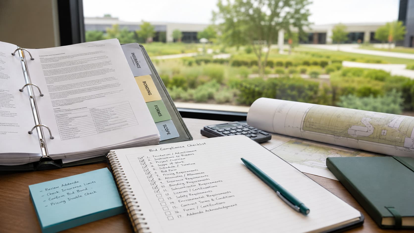 Printed RFP checklist with 17 requirement categories marked during review