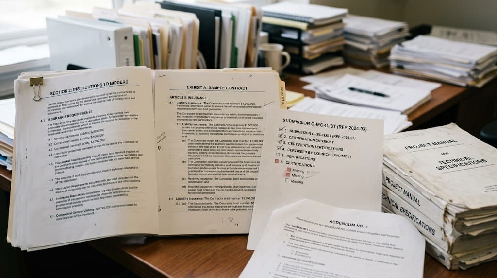Open RFP with conflicting insurance pages and a submission checklist marking certifications as missing